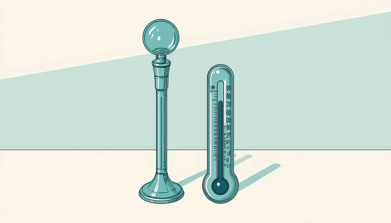 An antique glass thermoscope beside a classic mercury-in-glass thermometer, illustrating the history of thermometer invention