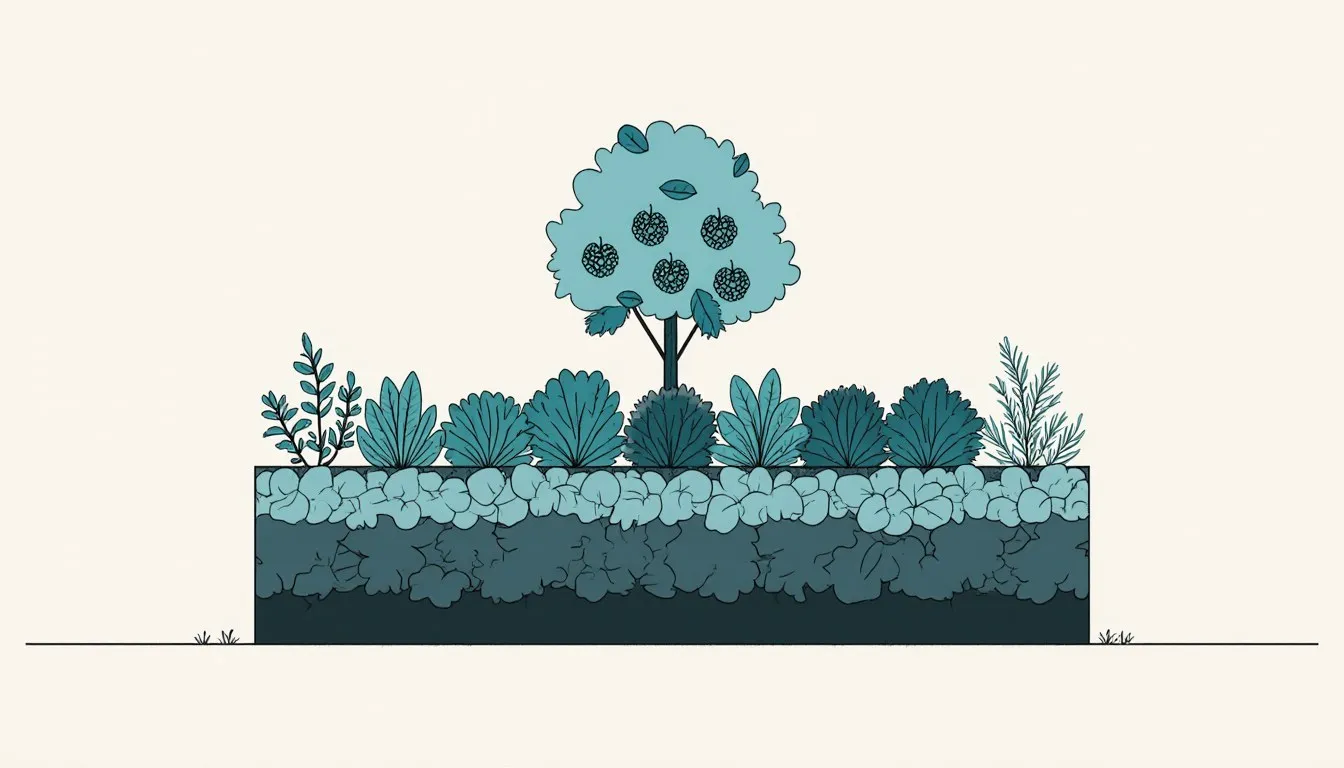 Illustration of a layered permaculture bed with herbs, shrubs and a fruit tree