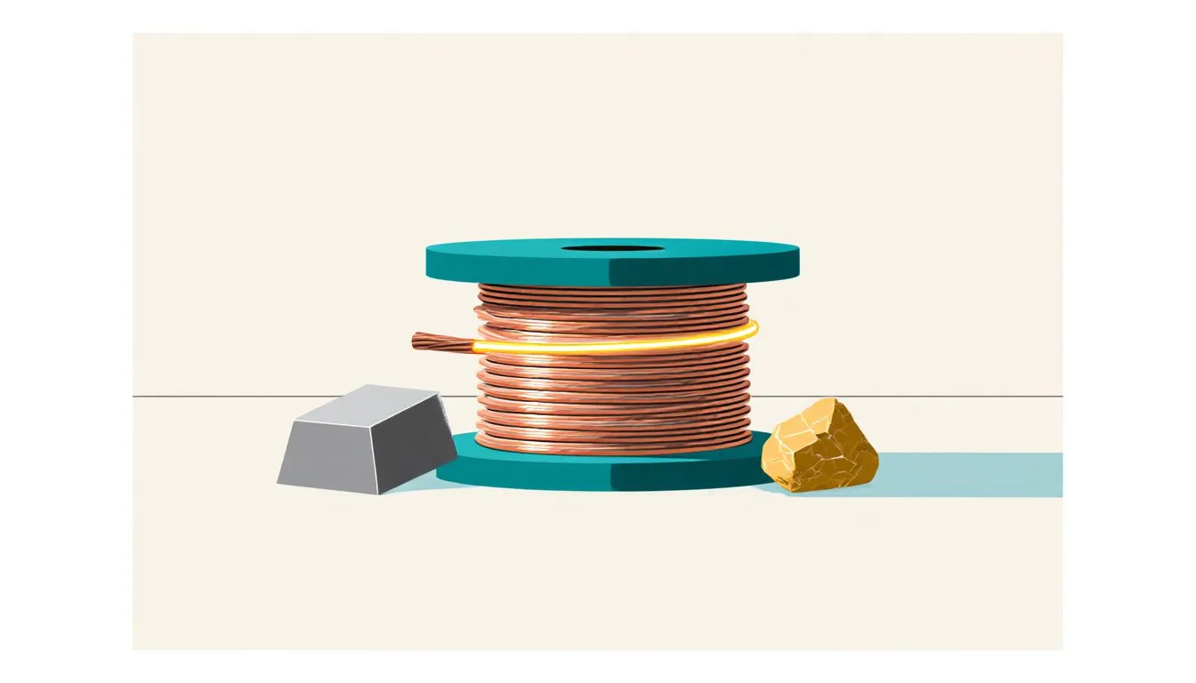 Illustration of a coiled copper wire glowing with current beside a silver ingot and gold nugget, representing top electrical