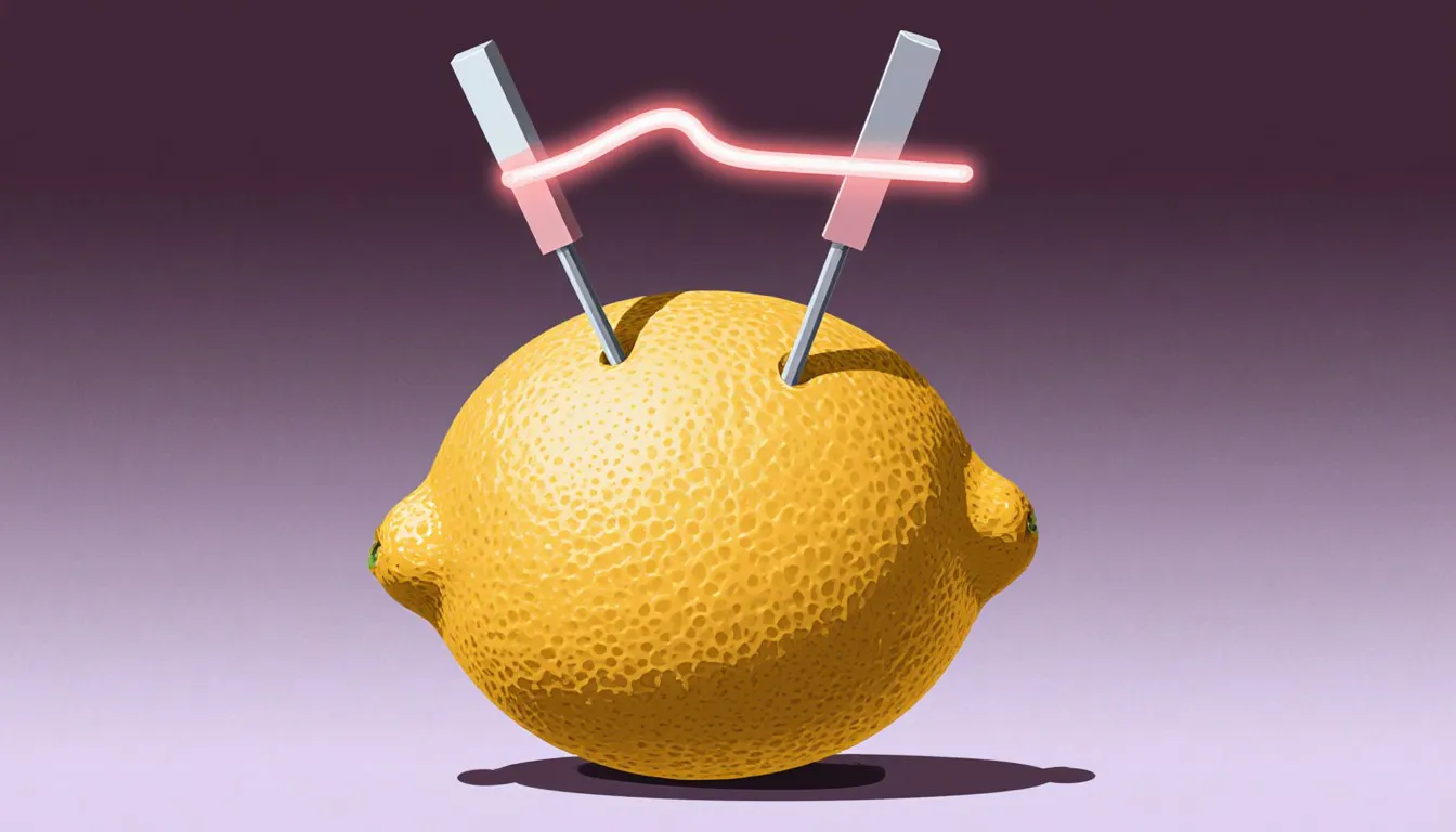 A lemon with two metal electrodes inserted, a glowing arc of current bridging them like a citrus battery.