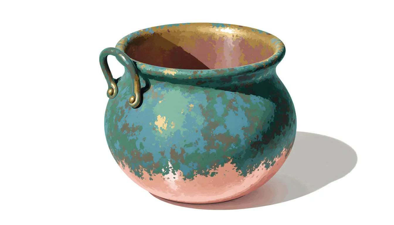 A copper pot with a mottled blue-green patina spreading across its upper surface, bare pink-copper metal below