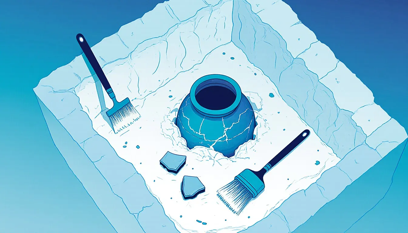 An archaeologist's trowel and brush beside a half-unearthed ancient clay pot in an excavation pit