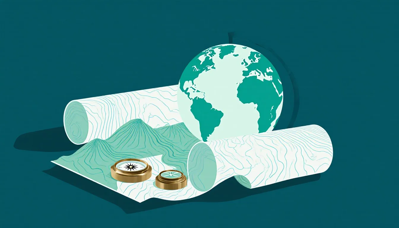 A relief globe, topographic map, and compass arranged together, representing the many facets of geography