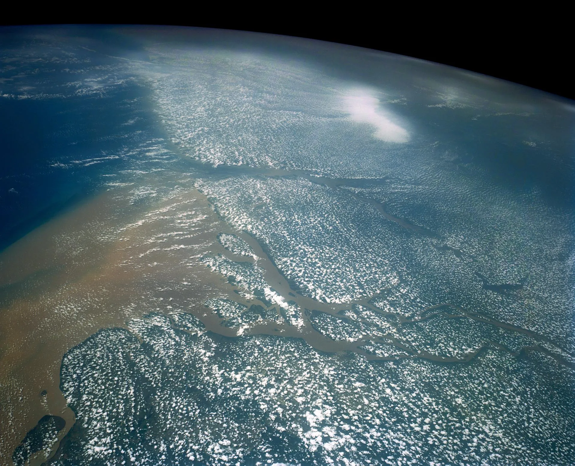 Mouths of the Amazon River spreading into the Atlantic, from orbit