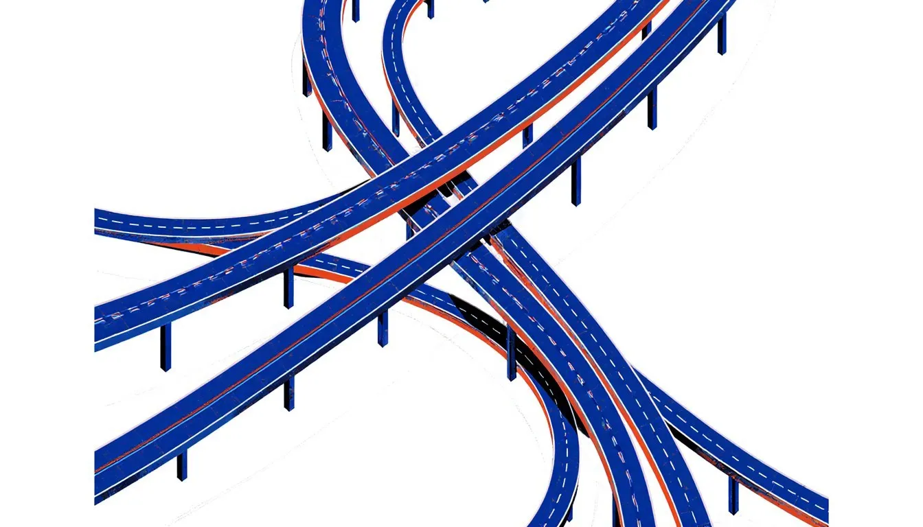Illustration of blue highway flyover ribbons weaving over each other on slender piers