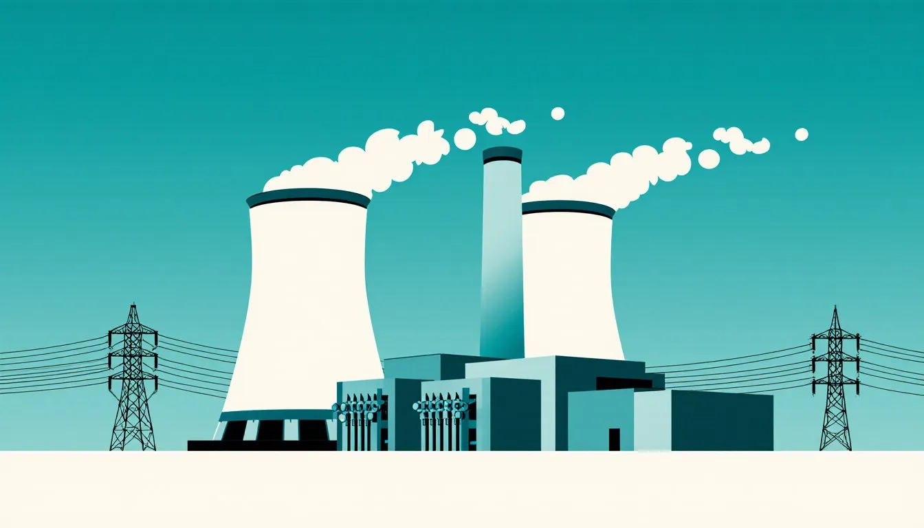Illustration of a coal-fired power plant with cooling towers and transmission lines carrying electricity outward