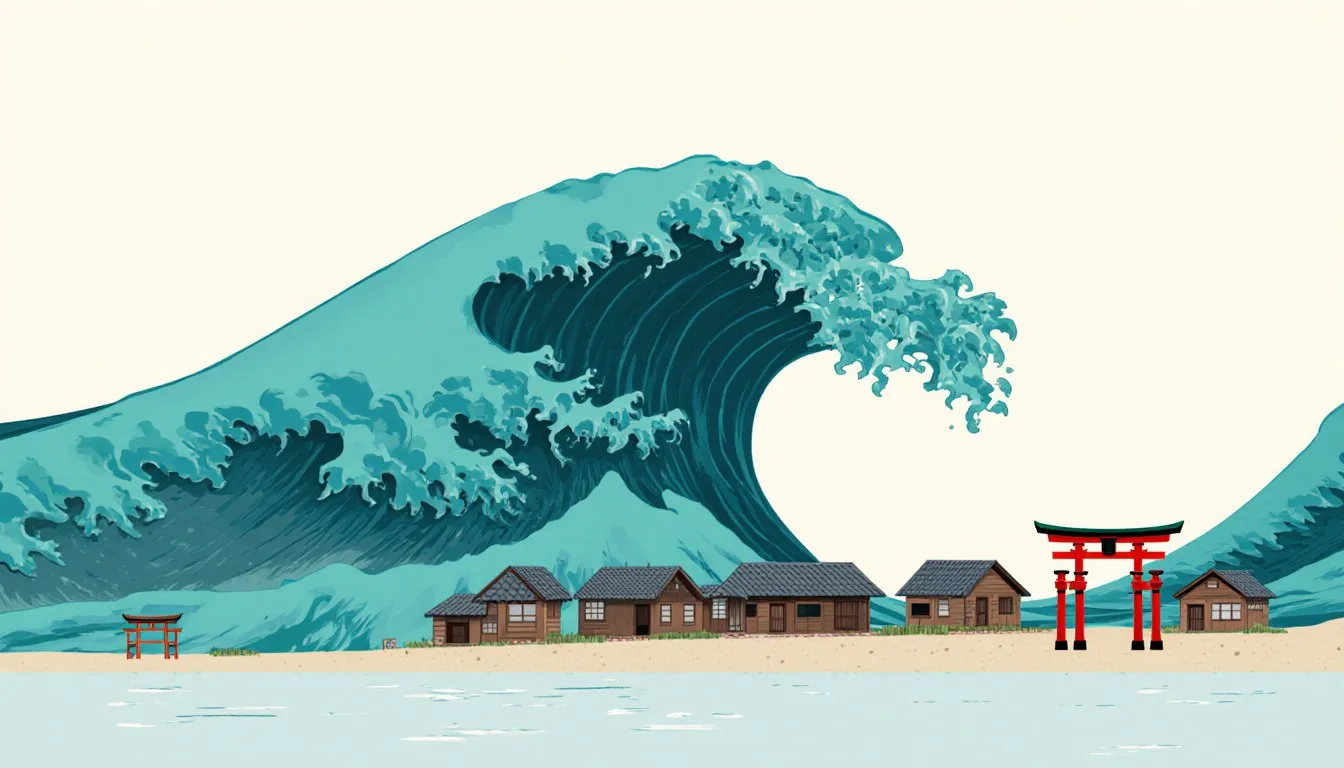 Illustration of a towering tsunami wave looming over a small Japanese coastal village and torii gate