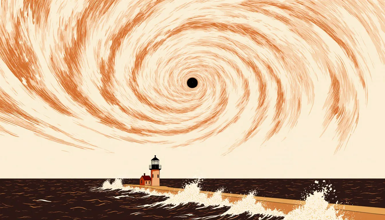 A vast hurricane spiral churns over the ocean as storm-surge waves crash against a lone coastal lighthouse.
