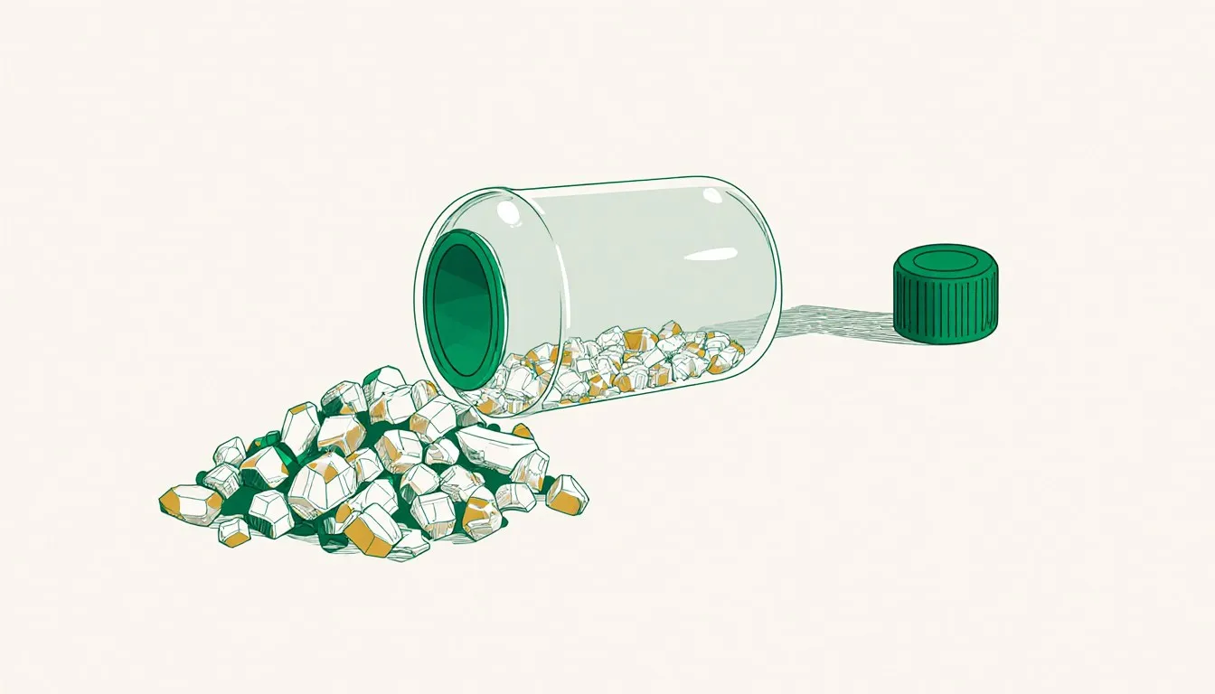 A glass vial spilling white crystalline zinc chloride granules onto a lab surface.