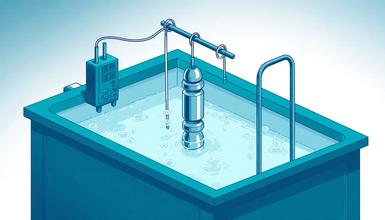 A metal part suspended in a zinc electroplating tank between electrodes as bubbles rise and a bright coating forms